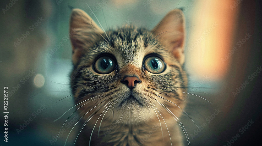 simpatico sfondo con gattino curioso in primo piano con sfondo sfocato ed effetti bokeh, wallpaper con cucciolo di gatto e luce radiosa, 