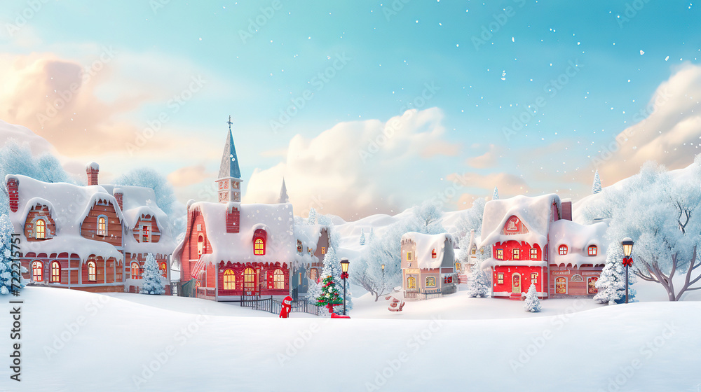 Christmas village with Snow in vintage style, Winter Village Landscape, Christmas Holidays