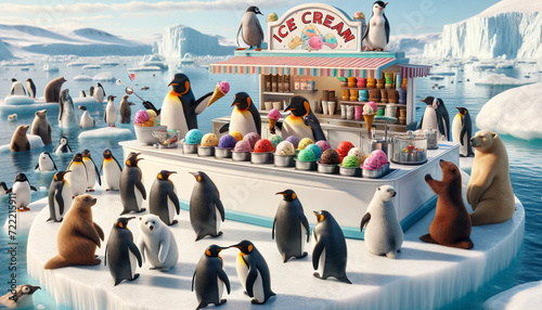 an illustration of a Penguins' Ice Cream Parlor: Penguins running an ice cream parlor on an iceberg, serving a variety of colorful ice cream flavors to a diverse array of arctic animals. photo