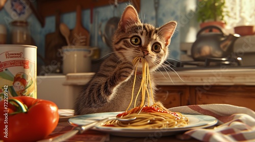 A curious cat indulges in a plate of spaghetti, an unusual feast for a feline, blending the familiar with the whimsically unexpected photo