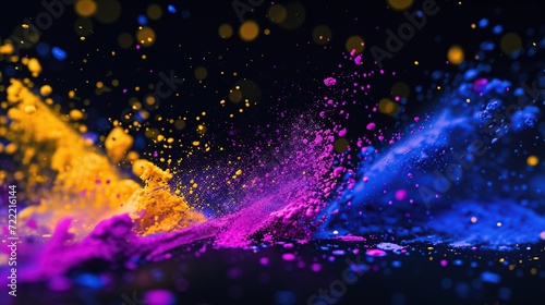 neon violet strokes, neon blue paint stains, yellow powder explosion, black background, out of focus, camera diaphragm aperture, Sony Alpha 7 IV --ar 16:9 --v 6 photo