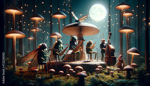 an illustration of an Insect Jazz Band: A group of insects (like grasshoppers, beetles, and butterflies) playing jazz instruments on a mushroom stage, under a moonlit night.