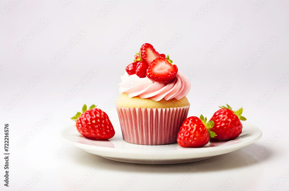 Delicious cupcake with strawberries on a plate isolated on white background Delicious cupcake with strawberries on a plate isolated on white background