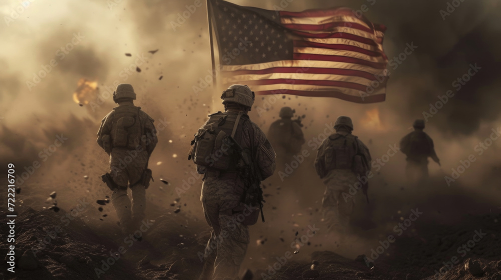 American Soldiers Holding Up American Flag in War, Generative AI