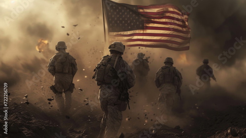 Obraz na płótnie American Soldiers Holding Up American Flag in War, Generative AI w salonie