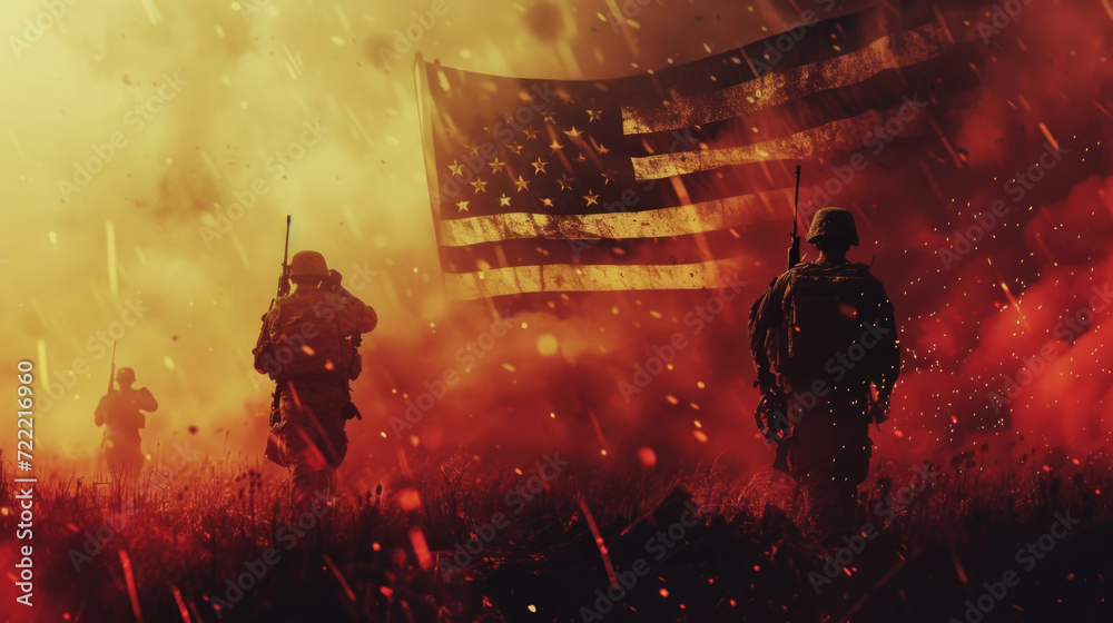 American Soldiers with American Flag in Background, Illustration of Freedom and War, Generative AI