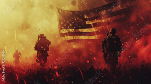 Obraz na płótnie American Soldiers with American Flag in Background, Illustration of Freedom and War, Generative AI w salonie