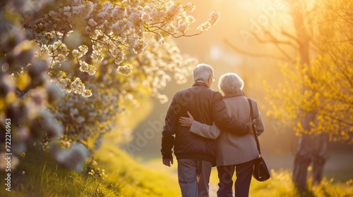 Old couple is walking away in the spring park. Grandmother and grandfather at their golden wedding celebration. Grandma and grandpa wedding anniversary. Fifty years together. Love story of elderly.