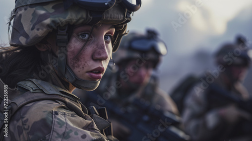 Young white female army soldier fighting at war. AI generated