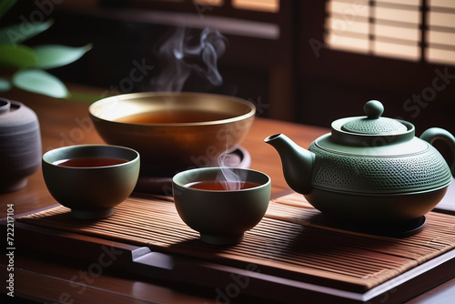Authentic tea ceremony. Stylish minimalist still life with clay teapot and cups on wooden table.