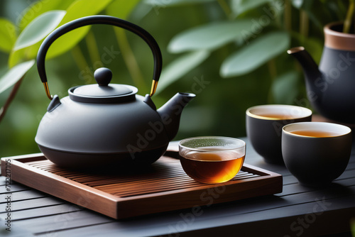 Authentic tea ceremony. Stylish minimalist still life with dark teapot and cups on wooden table. Sun light shadows.