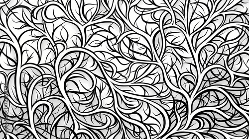 Abstract black and white line drawing of intertwining vines, creating a visually intricate and organic pattern in a minimalist style