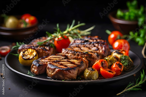 Delicious grilled meat and vegetables on a plate on dark background