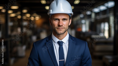 Portrait of confident businessman in hardhat standing in warehouse.
