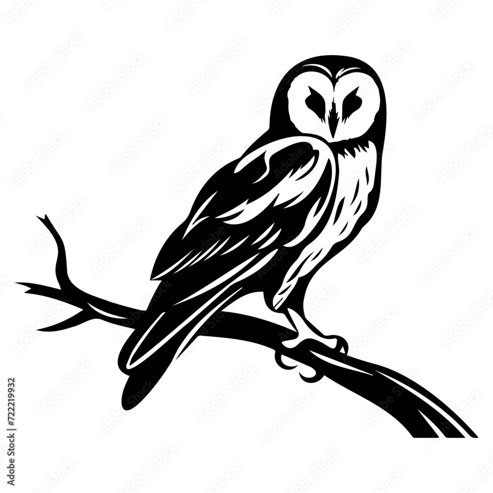 Obraz premium barn owl on branch icon illustration, barn owl on branch silhouette logo svg vector