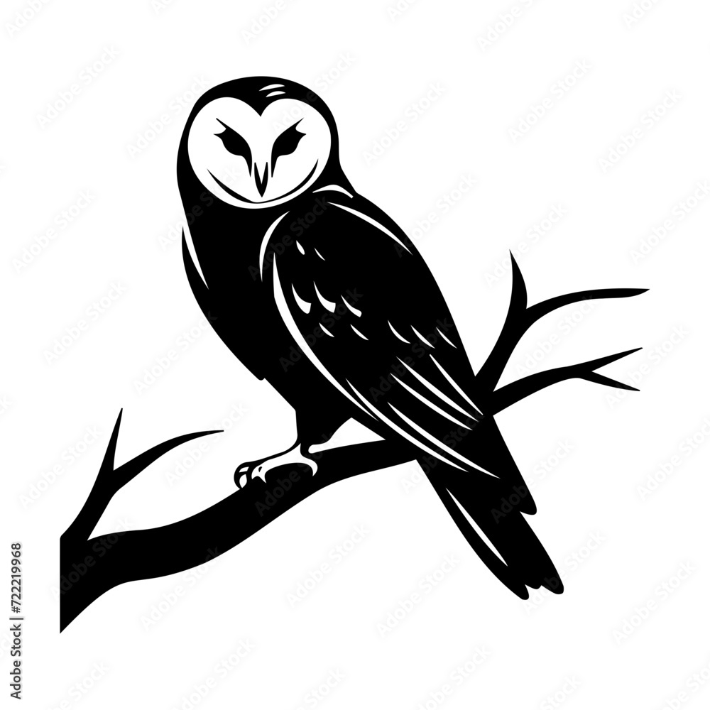 Obraz premium barn owl on branch icon illustration, barn owl on branch silhouette logo svg vector