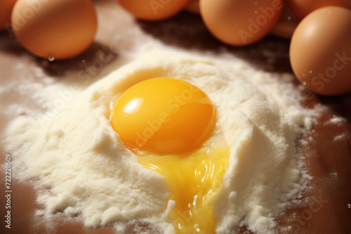 Raw egg yolk nestled in a soft mound of white flour, highlighting ingredients for baking photo