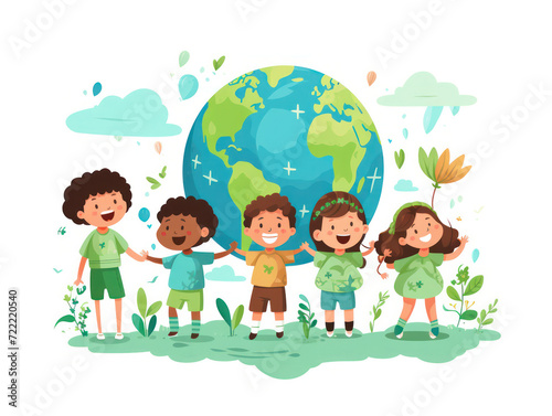 Illustration of joyful children holding hands around a vibrant Earth globe for Earth Day