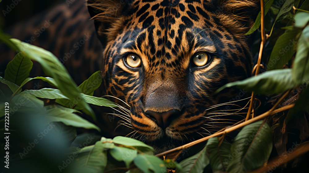 The leopard hiding in the jungle foliage The leopard hiding in the jungle foliage