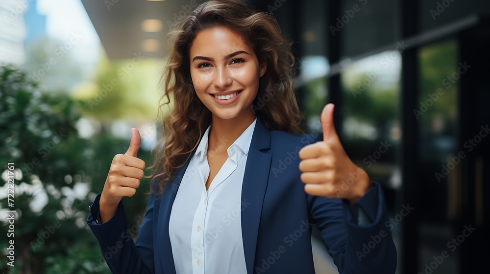 Portrait of happy businesswoman showing thumbs up gesture in the city
