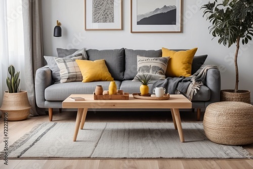 boho compostion at living room interior with design gray sofa  wooden coffee table  commode and elegant personal accessories. Honey yellow pillow and plaid