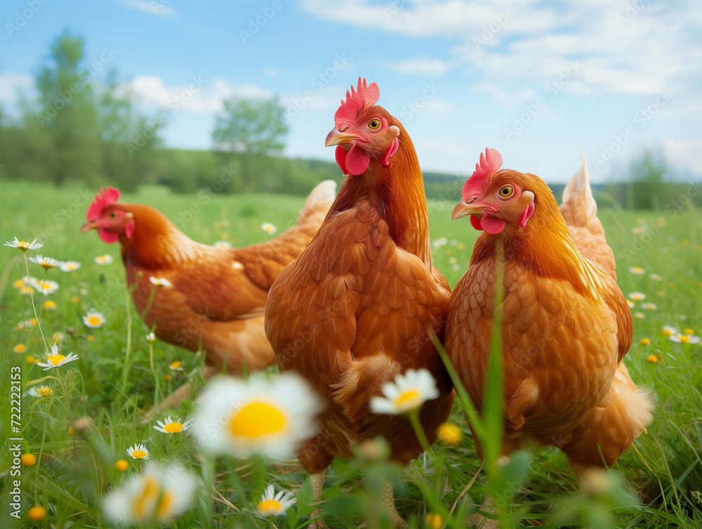 Sustainable Eco Life Idea. Free-range Free Breeding Hens Graze on Green Grass in the Countryside. Happy Chickens on an Ecological Farm.