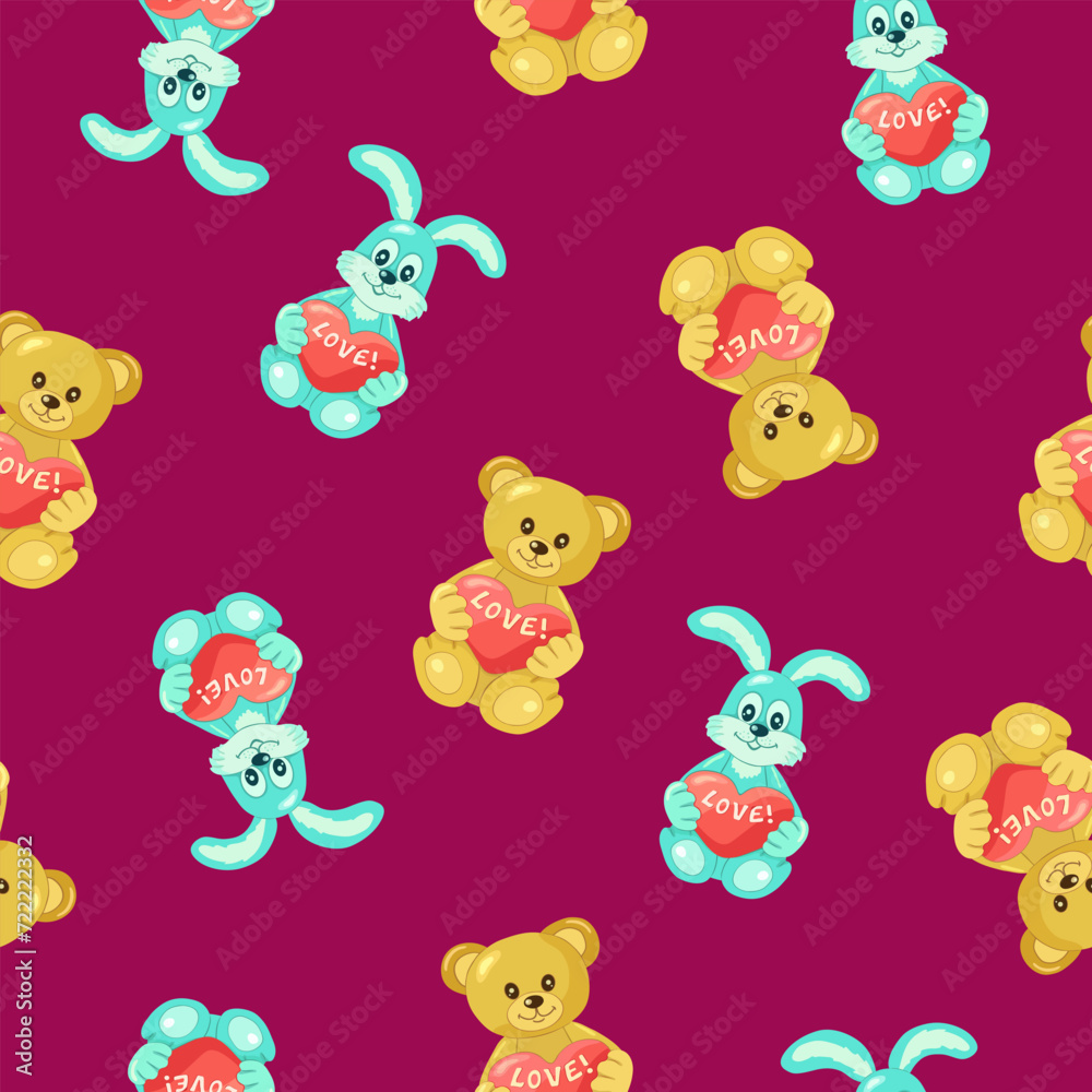 Funny light brown bears and blue rabbits hold a red heart with the inscription LOVE on a fuchsia background. Seamless pattern. Gift wrapping and holidays. Valentine's day. Vector illustration. Funny light brown bears and blue rabbits hold a red heart with the inscription LOVE on a fuchsia background. Seamless pattern. Gift wrapping and holidays. Valentine's day. Vector illustration.