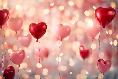 A whimsical Valentine s Day background  adorned with floating red and pink balloons shaped like hearts