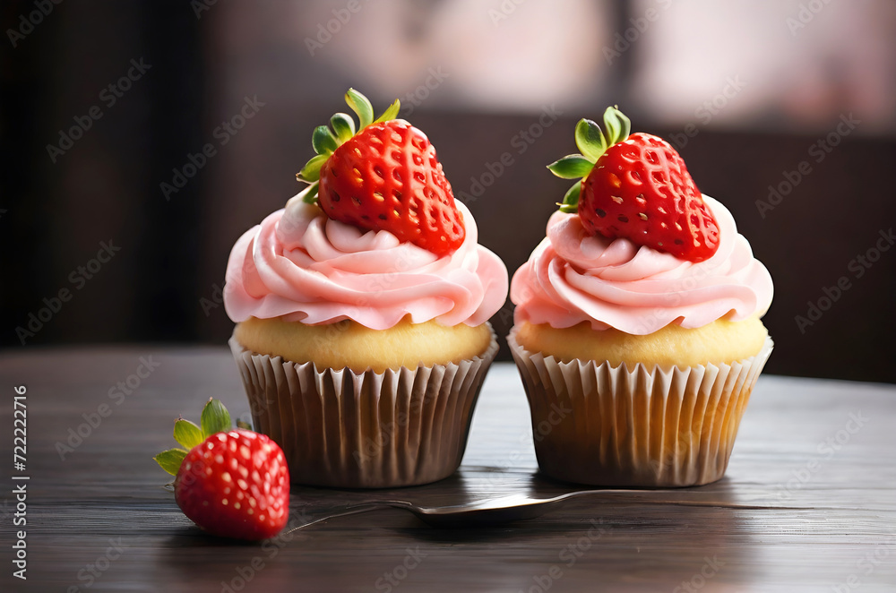 Two delicious cupcake with a strawberry on a table