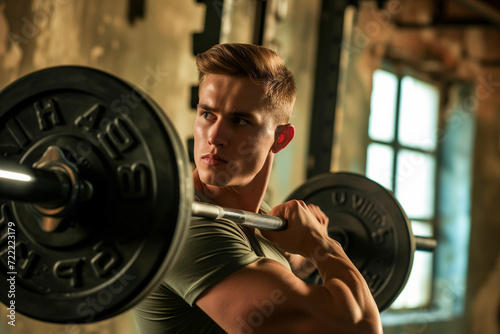 Focused Young Man Lifting Weights in a Gym Setting