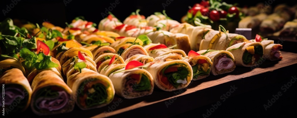 A beautifully decorated catering banquet table with a variety of appetizers and sandwich appetizers at a luxury wedding reception. Serving meals and appetizers in the restaurant. 