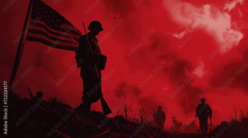 Silhouette of a Soldier with Red Smoky Background and American Flag, Generative AI