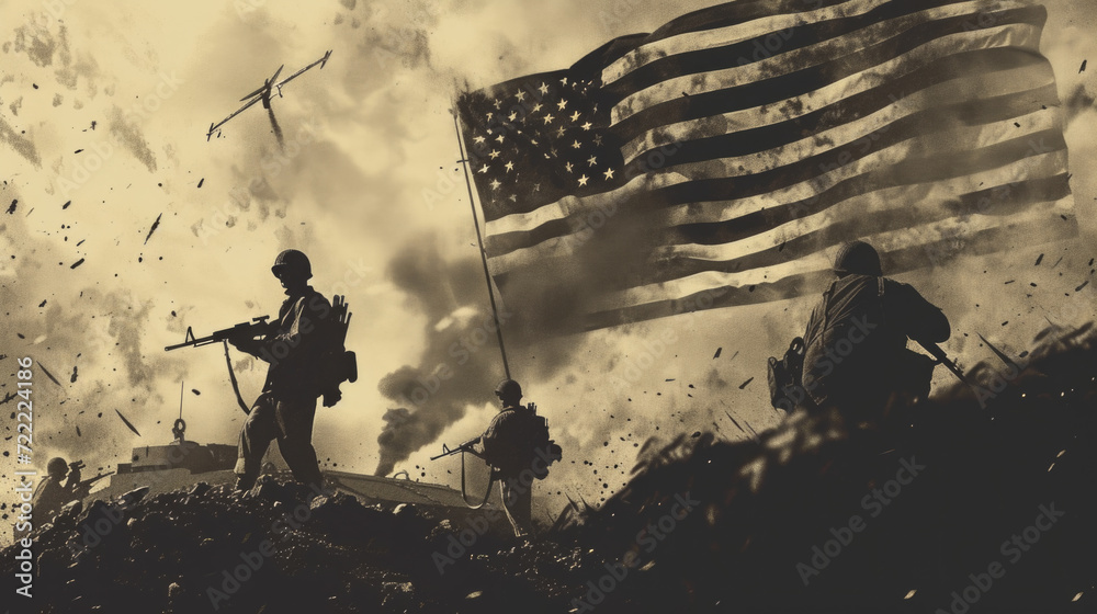 US Army Soldiers with Flag, Historic Freedom Fight, Generative AI