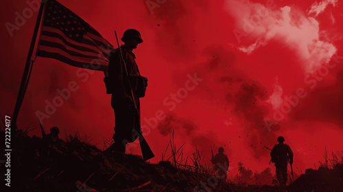Obraz na płótnie Silhouette of a Soldier with Red Smoky Background and American Flag, Generative AI w salonie