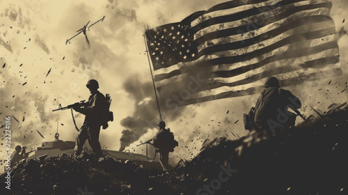Obraz na płótnie US Army Soldiers with Flag, Historic Freedom Fight, Generative AI w salonie