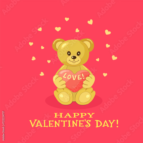 A funny light brown bear cub holds a red heart with the inscription LOVE on a square bright pink background background with hearts and the inscription Happy VALENTINE's DAY. Vector illustration. © НАТАЛИЯ К