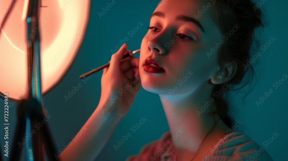 Fototapeta premium Makeup artist applies Makeup artist applies powder and blush. A beautiful woman faces. A make-up master puts blush on the cheeks of a beauty model girl. Make-up is in process. Beautiful woman