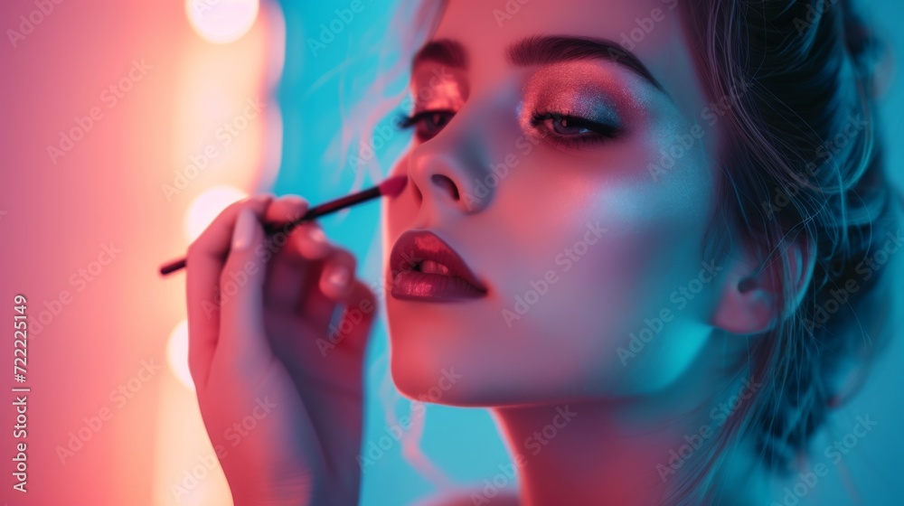 Obraz premium Makeup artist applies Makeup artist applies powder and blush. A beautiful woman faces. A make-up master puts blush on the cheeks of a beauty model girl. Make-up is in process. Beautiful woman