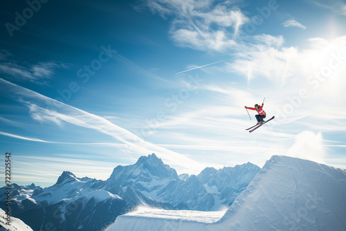 Adventurous Skier Soaring High Against a Picturesque Mountain Backdrop