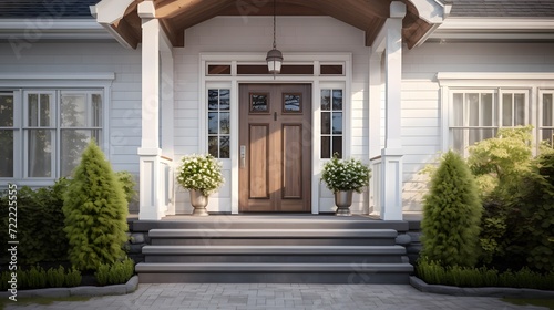 Main entrance door. White front door with porch. Exterior of georgian style home cottage house with columns.