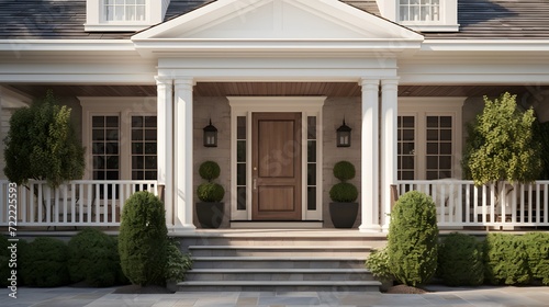 Main entrance door. White front door with porch. Exterior of georgian style home cottage house with columns.