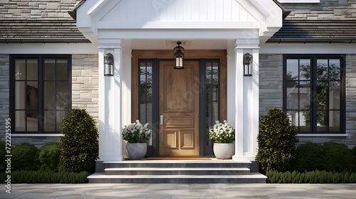 Main entrance door. White front door with porch. Exterior of georgian style home cottage house with columns. © Ziyan