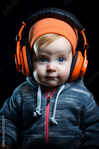 portrait of a crazy baby in headphones on a black background