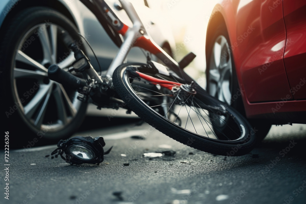 Traffic accident, bicycle on the road after a car hit a cyclist