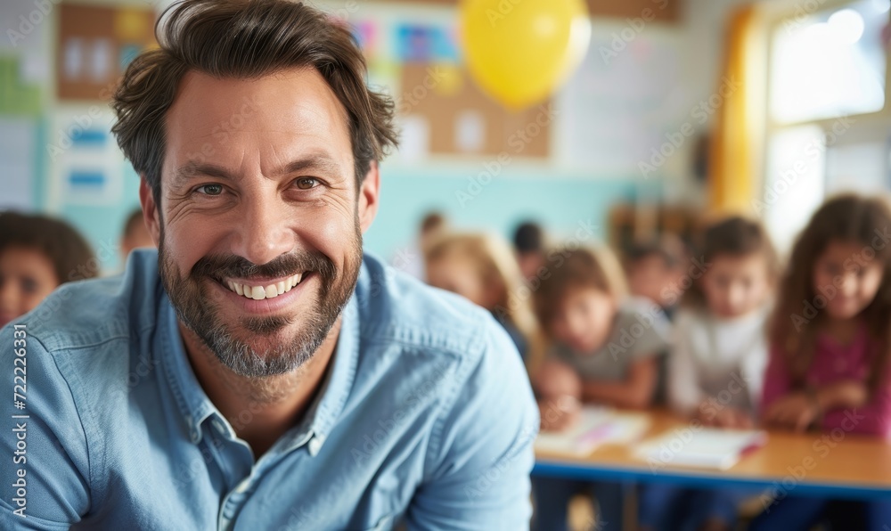 Smiling Male Teacher in Classroom with Students Smiling Male Teacher in Classroom with Students