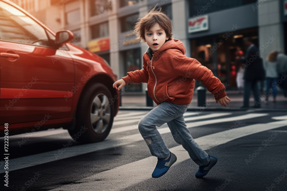 Careless child runs out into the street in front of the car, unaware of the danger Careless child runs out into the street in front of the car, unaware of the danger