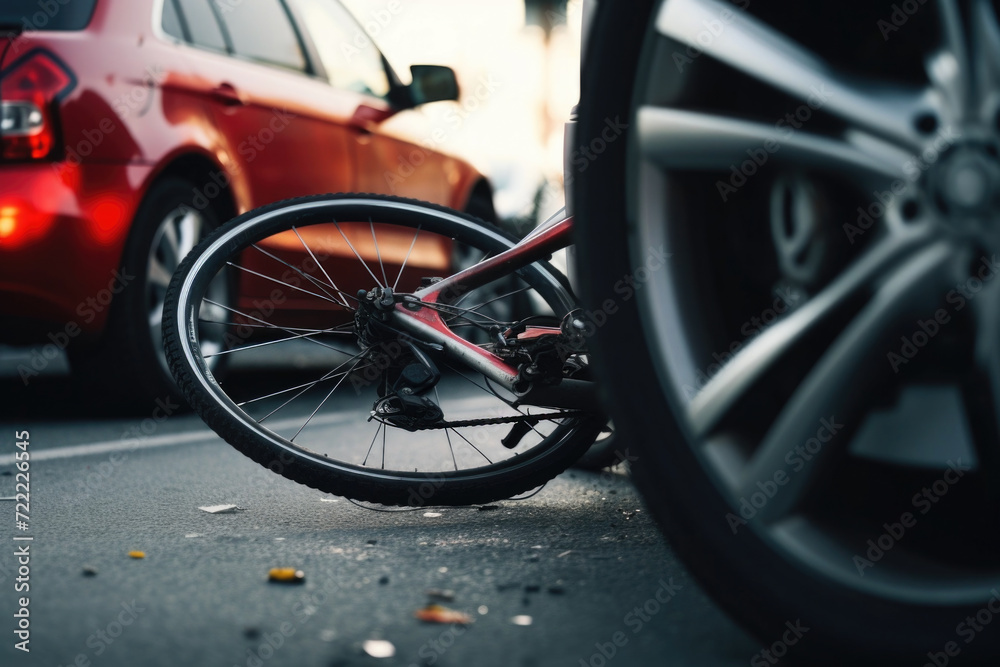 Traffic accident, bicycle on the road after a car hit a cyclist Traffic accident, bicycle on the road after a car hit a cyclist