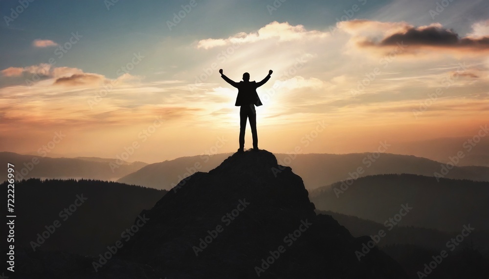 silhouette of a man on top who has reached the top of the mountain 