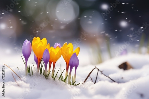 The first spring saffron flowers blooming under the snow in the field  © pilipphoto