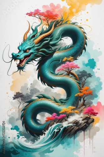 Chinese painting of a mythical blue dragon © Linggakun